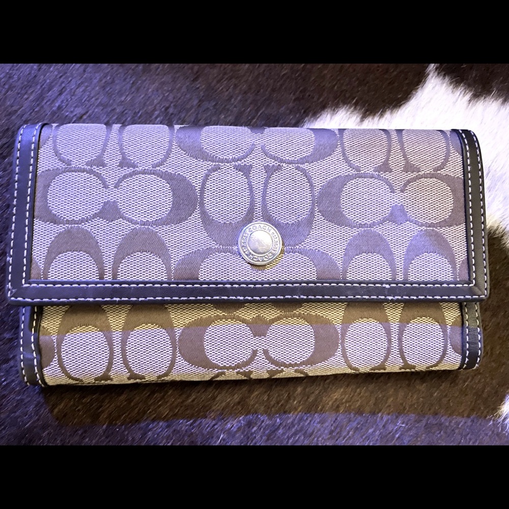 Coach wallet, large size; brown signature canvas with brown leather trim